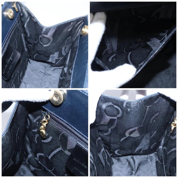 Salvatore Ferragamo Vala Hand Bag Leather 2way Navy Gold Auth - Picture 15 of 16